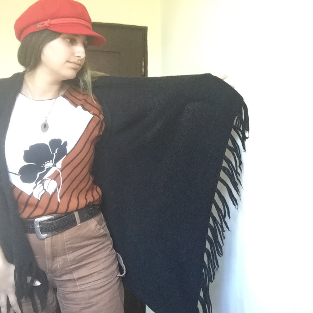 Black Knit Fringe Shawl Sweater Asymmetrical - Picture 3 of 6